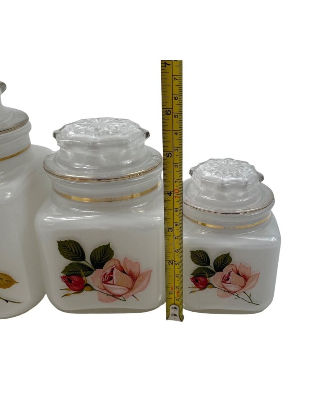 White Frosted Glass Jars With Gold Trim And Floral Rose Design Set Of 3 With Lid - Picture 15 of 15
